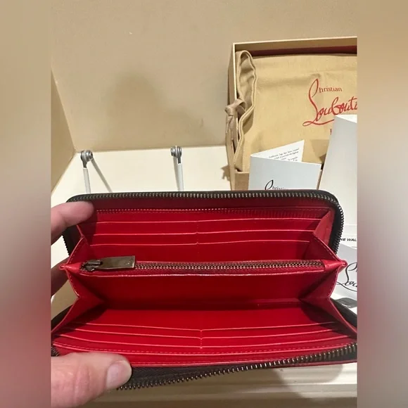 Christian Louboutin Black Crackled Patent Leather Zip Around Continental Wallet
